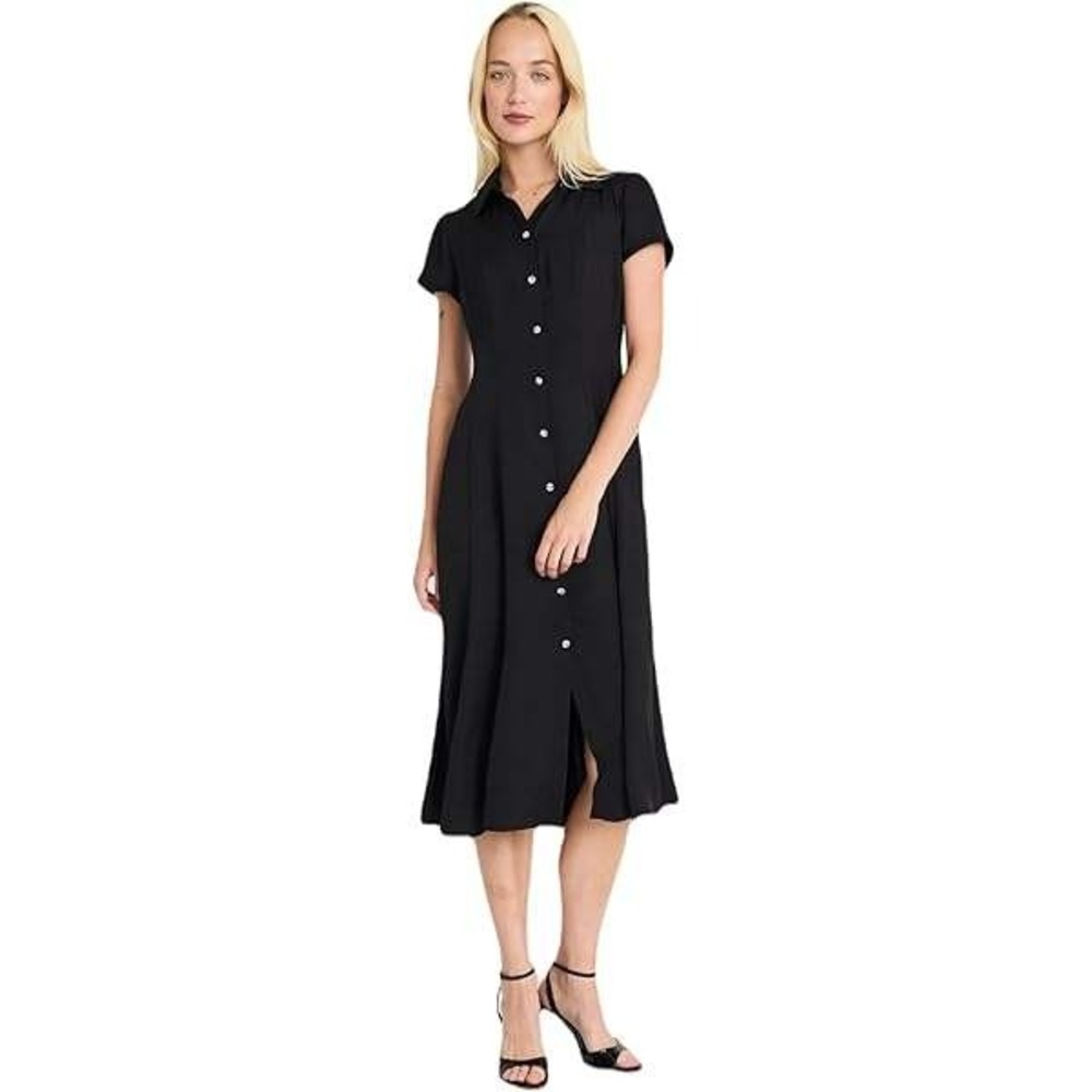 Luxely Womens Black Short Sleeve Button Down Midi Dress Size 6 Collared A-Line‎
